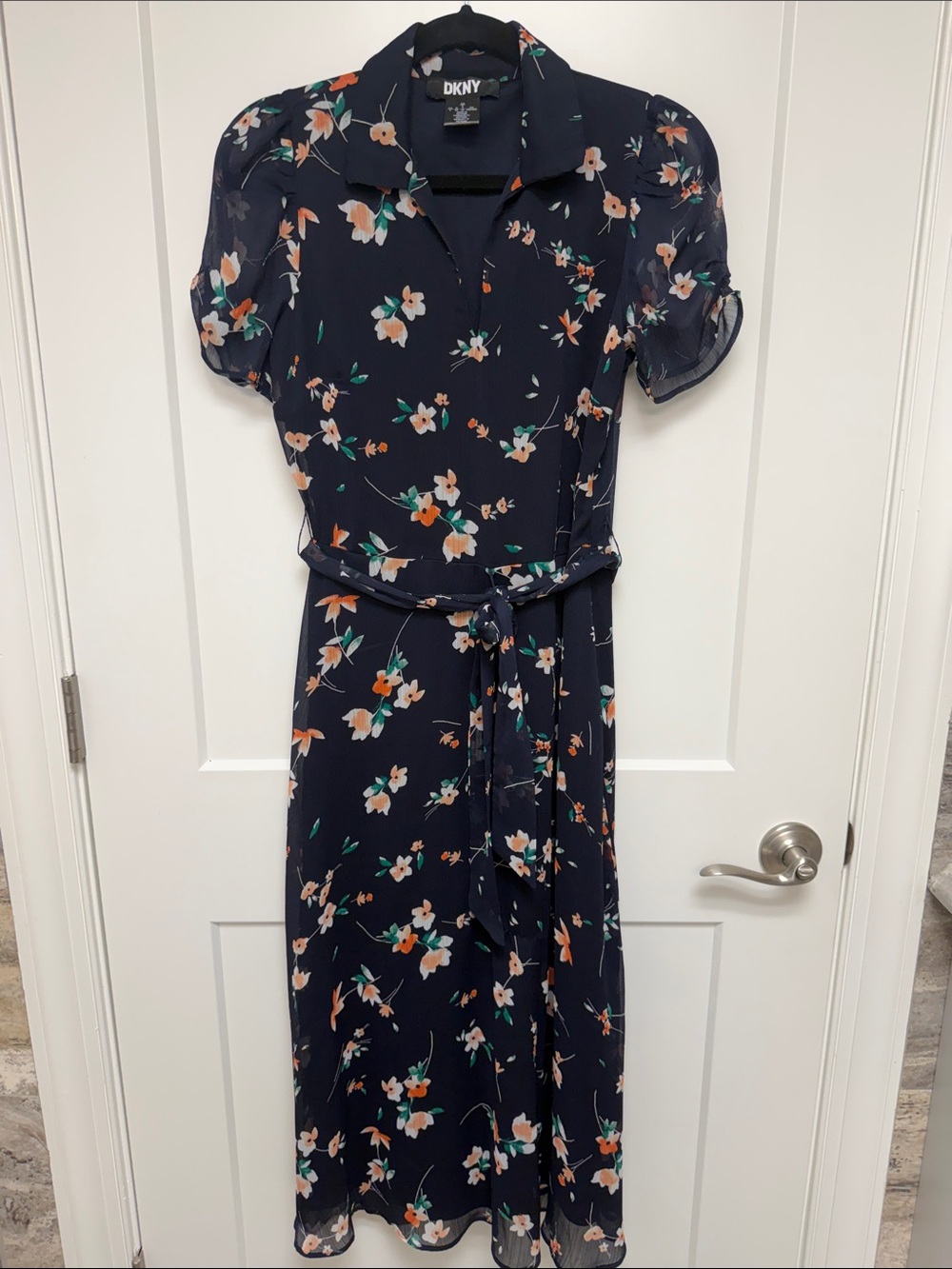 DKNY Navy Floral Belt-Tie Midi with Peach & Teal Blooms